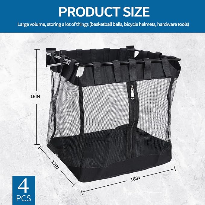 4Pcs Mesh Slatwall Baskets with Zipper,Hanging Storage Slat wall Baskets | Sturdy and Easy to Install Slatwall Accessories for Garage Shops Gym Home Display Organizing(16 * 12 * 16 inch)