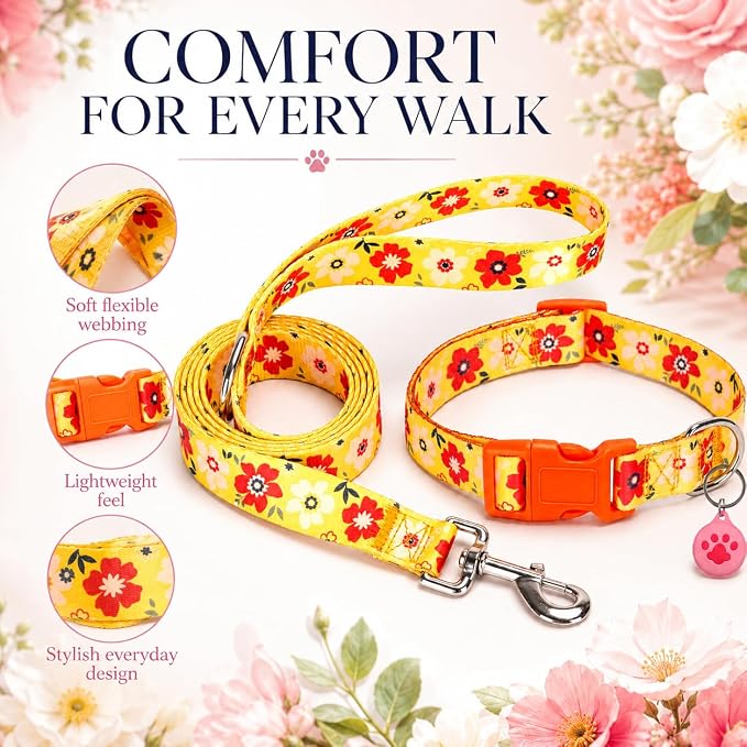 Floral Matching Dog Collar and Leash Set with AirTag Holder-Orange Daisy/S | Anti-Lost,Adjustable Durable Pet Collar Leash Combo for Small Boy Girl Dogs,for Outdoor Walking Hiking Training Running
