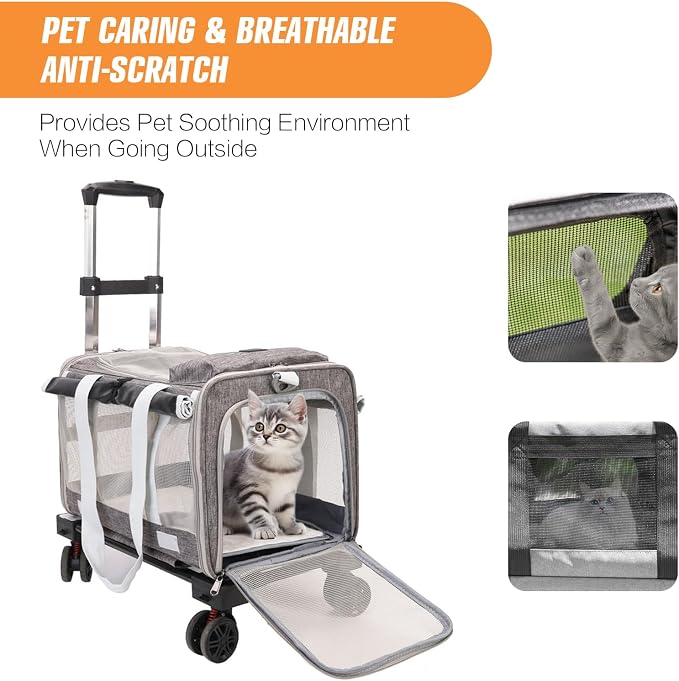 Pet Carrier with Wheels - Soft-Side Wheeled Cat Carrier for Dogs with Telescopic Handle, Collapsible Rolling Pet Travel Bag Carrier for Large Cats Small Medium Dogs for Camping Vet Visiting Grey