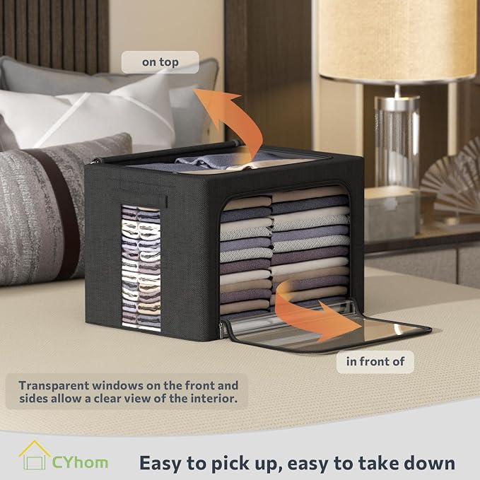 CYhom 3Pack Foldable Storage Bins - Frame Storage Box Linen Fabric Stackable Clothes Container Organizer with Clear Window & Carry Handles Large Capacity (Medium-36L, Black)