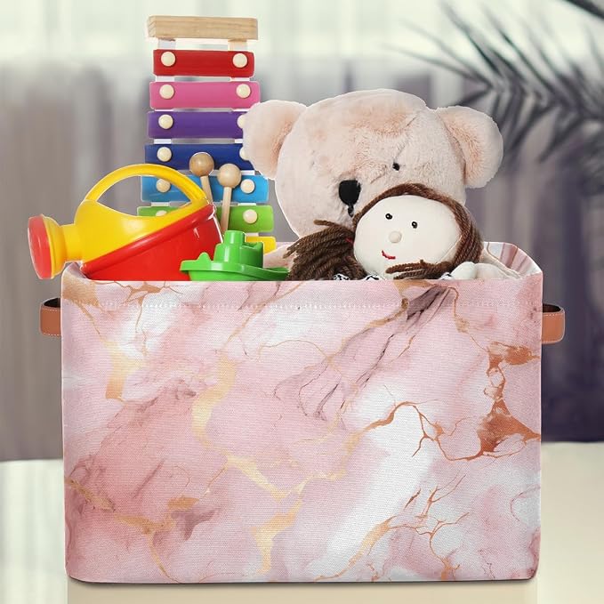 AUUXVA Storage Basket Rose Gold Marble Texture Storage Cube Box Durable Canvas Collapsible Toy Basket Organizer Bin with Handles for Shelf Closet Bedroom Home Office