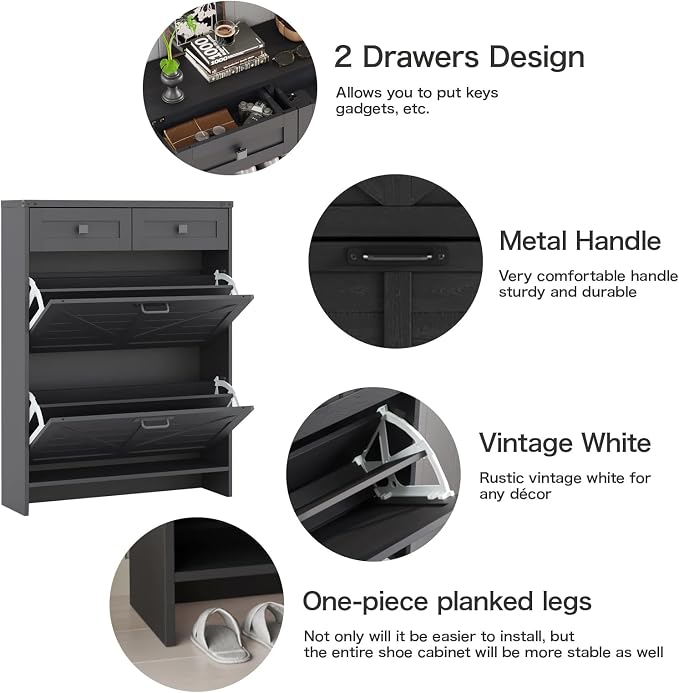 Halitaa Shoe Cabinet with 2 Flip Drawers & 2 Drawers,Farmhouse Shoe Storage Cabinet for Entryway,Slim Freestanding Narrow Organizer Rack for Front Door Entrance,Black
