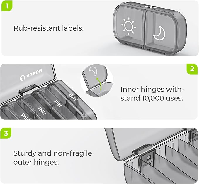 AUVON XL Weekly Pill Organizer 2 Times a Day, Pill Box 7 Day with One-Side Large Openings for Easy to Use, Gray AM PM Pill Case for Medication, Vitamins, Fish Oils, Supplements | AM PM Pill Case, XL Pill Box 7 Day, Travel Medication Organizer for Medic...
