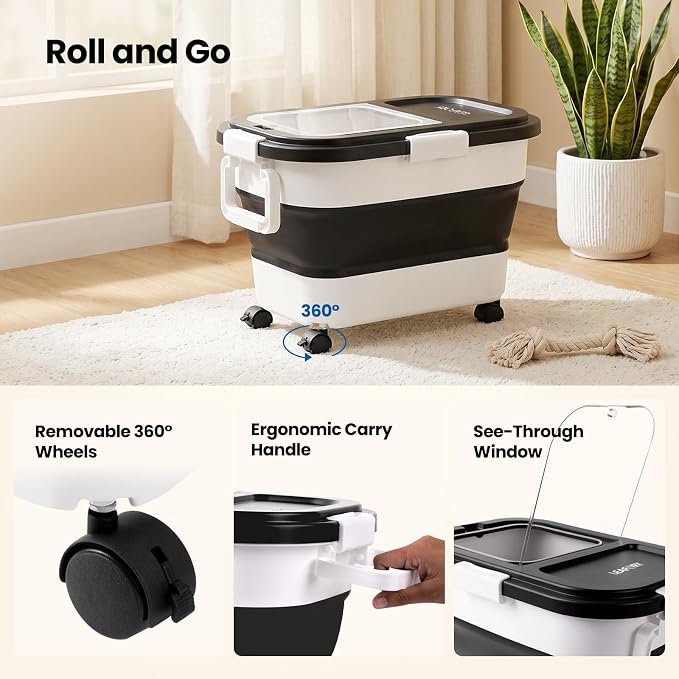 Dog Food Storage Container 15-25lbs, Airtight Pet Food Bin with Locking Lid & Clear Window, Collapsible Rolling Storage Container with Wheels & Scoop, Black