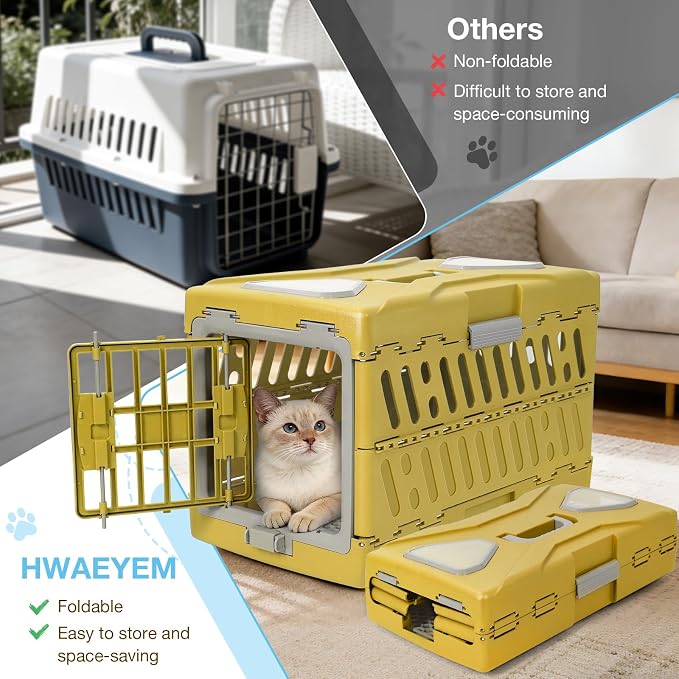 Collapsible Cat Carrier Hard, Plastic Hard-Shell Pet Carrier Travel | Front Door with Double Squeeze-Latch System, 4-Sided Ventilation, Fits Pets Up to 22 lbs, Size 22"L x 13"W x 14.6"H