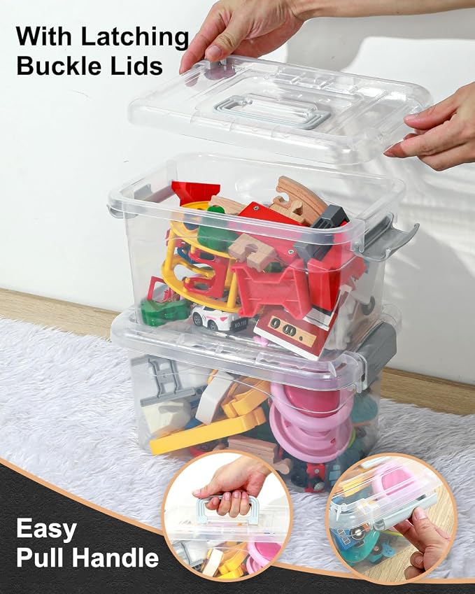 EOENVIVS Plastic Storage Bins 7 Quart-Storage Organizer Bins with Grey Buckle Lids, Stackable Storage Bins with Lids for Home Office Kids Room Closet School Art Supplies Organization,6 Packs, Clear