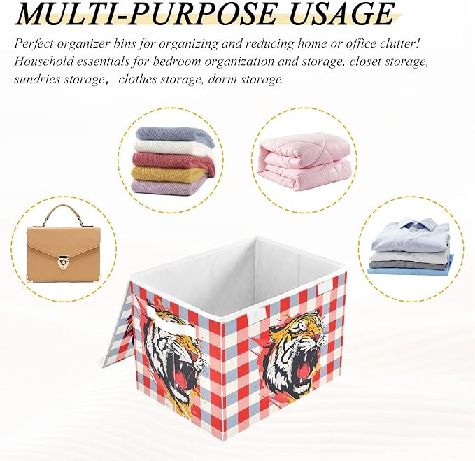 Fabric Storage Bins with Lid Tiger Foldable Storage Boxes 40L Baskets | Foldable & Stackable, Flip Top Dust Guard, Reinforced Handles, Home & Bedroom, Clothes & Toys, Animal Print Basket