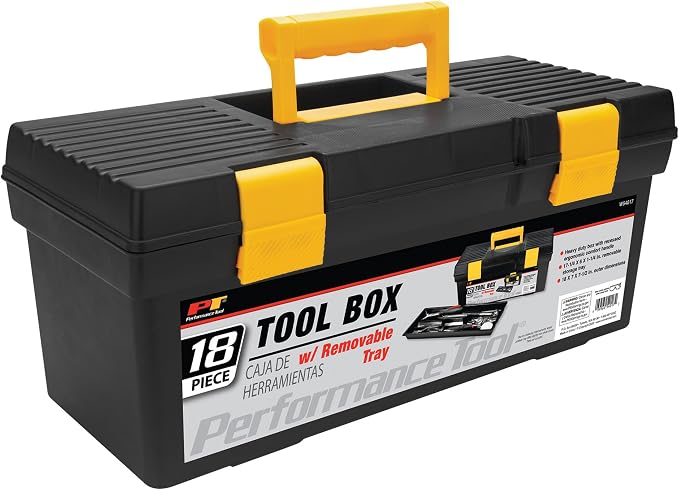 Performance Tool W54017 18-Inch Plastic Box with Handle, Tool Organizer Storage Box, Removable Inner Tray, Lightwieght & Easy to Carry | Heavy duty utility box. Recessed ergonomic comfort handle. Outer dimensions 18 x 7 x 7-1/2 inches