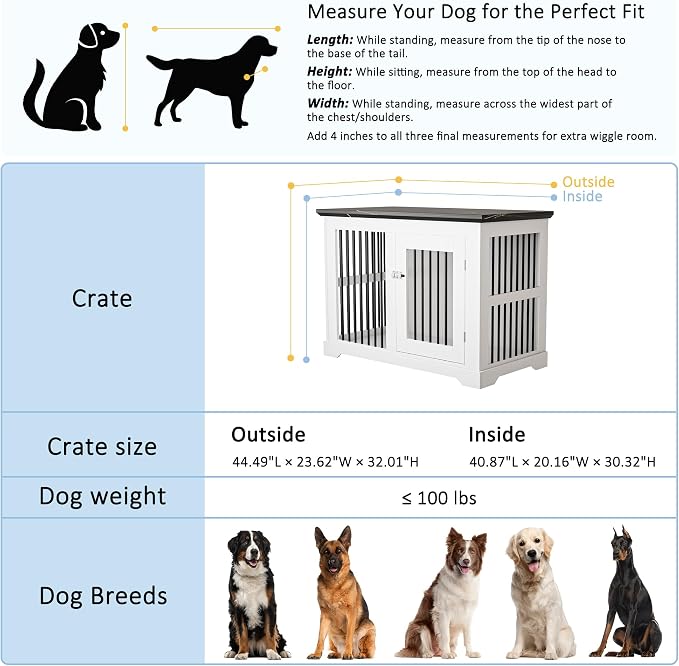 44" Wooden Dog Crate Furniture,Large Kennel Pet Cage End Table for Indoor | for XXL XL Medium Dogs, White and Black, Fits Living Room Bedroom, Heavy Duty Steel Frame with Lock 100 lbs Cap, 100 lbs Top.