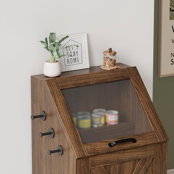 Pet Feeding Station with Storage Cabinet & 2 Elevated Bowls,Hooks,Walnut | Flip-top Sealed Food Bin.Pull-out Bowl Drawer with Wheels.3 Side Hooks+Internal Shelf for Cans.Anti-tip Device.For Dogs/Cats.