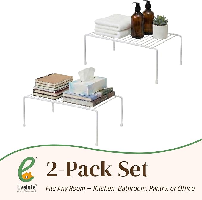 Evelots 2-Pack Wire Shelves, Cabinet Shelf Risers & Freezer Organizers | Rustproof dish risers for cabinets double storage space; use as small wire freezer shelves, pantry racks or shelf extenders.