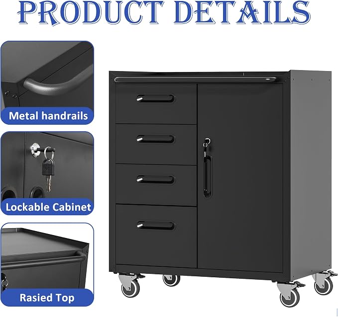 Mobile Tool Storage Cabinet with 4 Drawer and 1 Locking Doors | Heavy Duty Rolling Tool Cabinets for Garage,Metal Storage Cabinets Tool Cart on Wheels with Wheels,Assembly Required