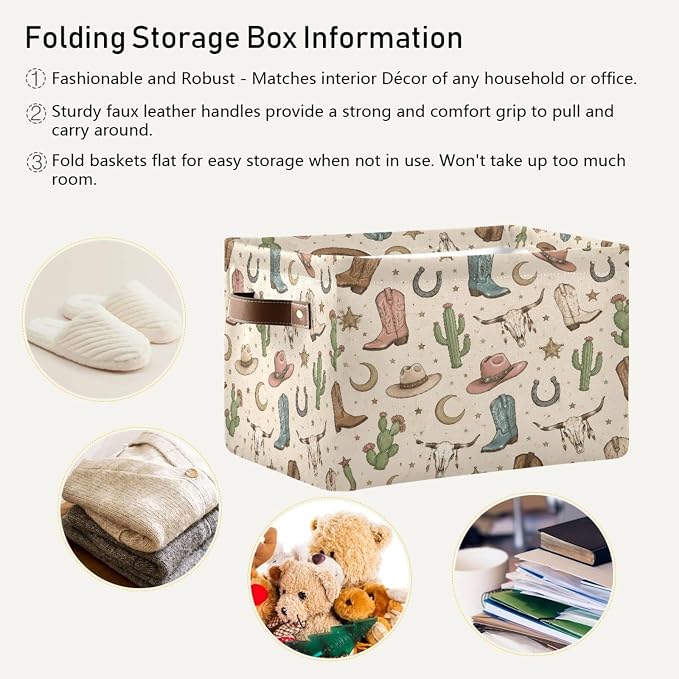 Kigai Storage Basket, Fabric Collapsible Closet Organizer Bin | Western Print Waterproof Foldable Canvas Basket with Handles for Shelves, Nursery, Closet, Bedroom & Bathroom