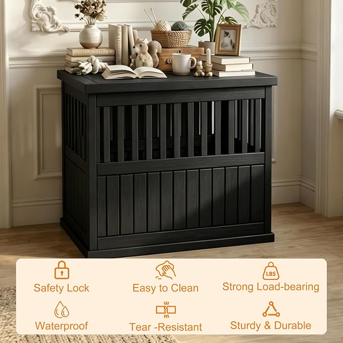 EFU 40 Inch Large Dog Crate Furniture, Indoor Dog Kennel, Puppy Pet House | Resin Pet House End Side Table, Waterproof Puppy Crates Cage for Large Medium Dogs to 70 lb, Black