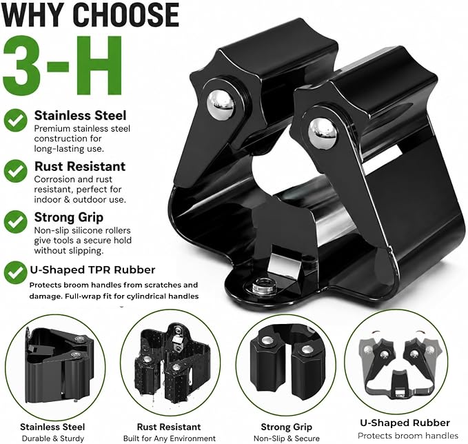 3-H Broom Holder Wall Mount 20 Pack, Heavy Duty Stainless Steel Mop and Broom Organizer Clips, Strong Grip Wall Mount Holders for Garage, Garden, Laundry Room & Utility Closet, Black