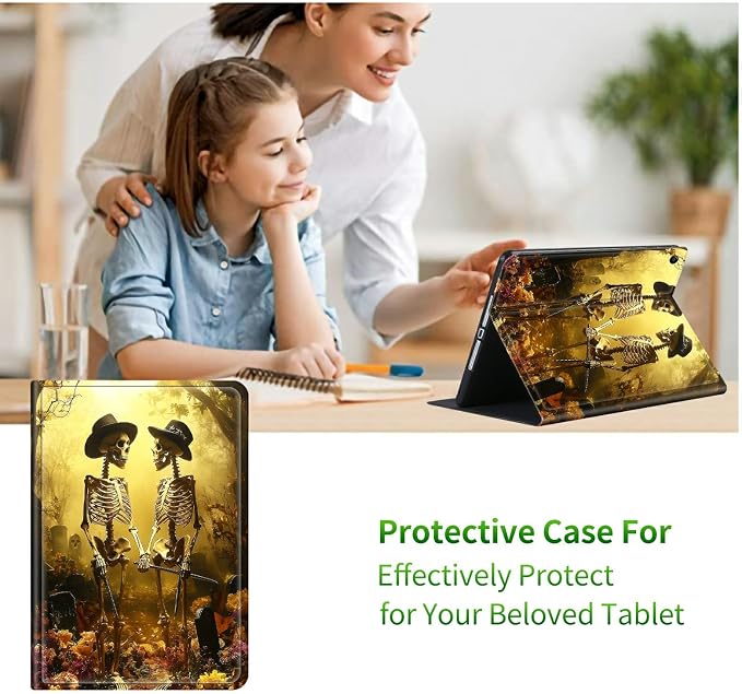 for Samsung Galaxy Tab A9 8.7 Inch 2023 (SM-X110/X115/X117) Case | Slim Leather Smart Cover with Multi-Angle Anti-Slip Stand [Auto Wake/Sleep] Shell for Women Men - Forest Skull Leaf