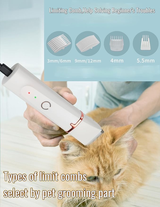 Dog Clippers Grooming Kit 4 in 1 Pet Hair Clipper-Low Noise Dog Paw Trimmer- Rechargeable - Cordless Quiet Pet Dog Cat Nail Grinder Trimming Hair Around The Eyes and Ears for Dogs and Cats (White)