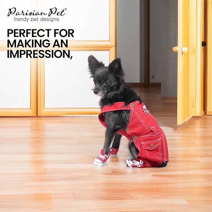 Parisian Pet Red Dog Overalls - Route 66 Denim Dog Clothes - Breathable Sling Puppy Jumpsuit - Durable and Trendy Overalls for Dogs - Comfortable Jeans Dog Clothes for Large Dogs - Classy Pet Apparel