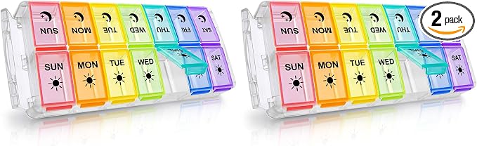 Pill Organizer 2 Times a Day, Fullicon Quick Fill Large Weekly AM PM Pill Box, Medicine Organizer 7 Day, Daily Pill Cases - Rainbow (Patent Registered) (Pack of 2)