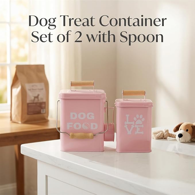 Dog Food Storage Container Set of 2 Dog Treat Container with Airtight Lids Dog Treat Jar with Scoop Metal Dog Food Holder with Wooden Handles for Kitchen Counter and Pantry Home Decor - Pink