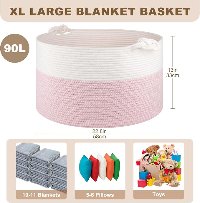 OIASKET Large Blanket Storage Basket for Living Room, 22.8" x 22.8" x 13" Woven Cotton Rope Basket with Handles, Baby Toy Storage, Laundry Hamper for Clothes, Pillows, Towels-Pink and White