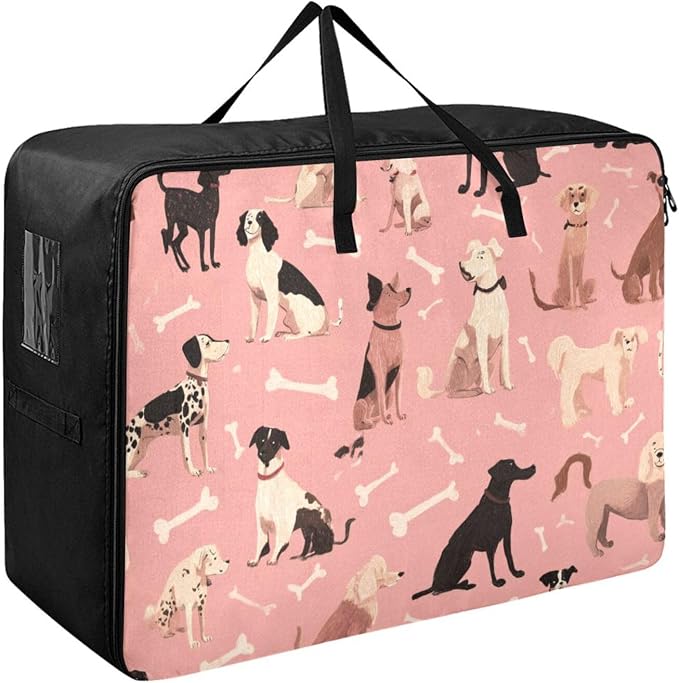Comforter Storage Bags Large Folding Blanket Organizer Bag with Strong Handles Clear Window Closet Storage Containers for Clothes King Queen Pillows Bedding Quilt Duvet Pink Dog and Bone01