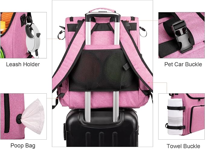 Modoker Multi-Compartment Dog Travel Backpack for Pet Supplies, Pink | Dog Travel Accessories Organizer with 2 Food Bags, 2 Bowls, Quick-Access Pockets, Tissue Opening, Luggage Sleeve, Feeding Mat