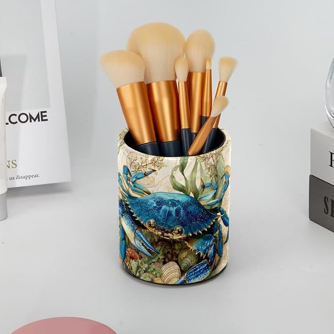 Faux Leather Pen Holder for Desk, Pencil Organizer Blue Crab Pen Cup Desk Decor Makeup Brush Holder Storage for Office Home