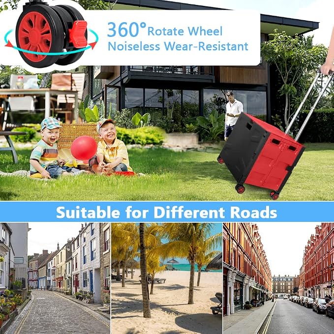 Foldable Shopping Utility Cart Portable Rolling Crate Handcart with 360°Rotate Wheel,Hidden Lid,Telescoping Handle Collapsible for Travel Shopping Moving Storage Office Use(Black/Red)