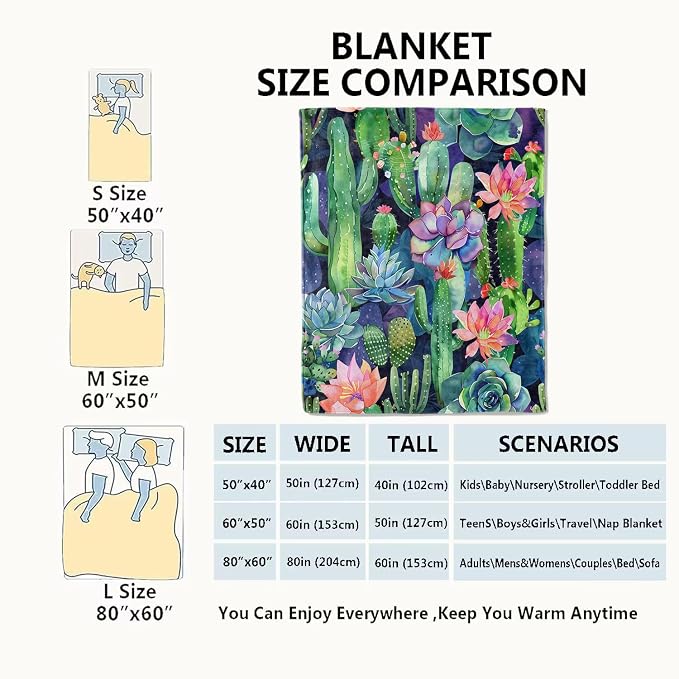 Succulent and Cactus Blanket Plant Garden Throw Blankets Gifts for Kids Adult Lightweight Soft Fleece Cozy for Sofa Couch Bed Room Birthday Boho Spring Decor 50x60in