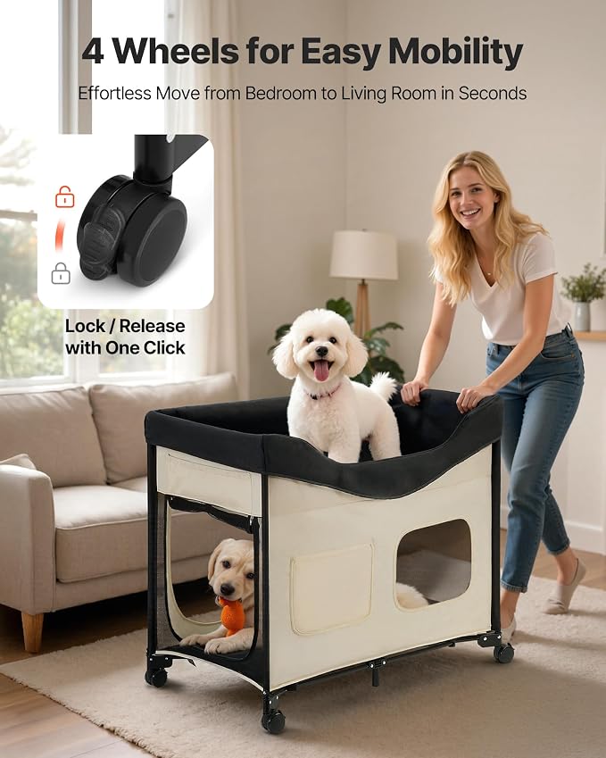 VEVOR Bedside Lounge Pet Bed, Foldable Bunk Dog Bed with 600D Oxford Cloth and Dutch Velvet, Portable Raised Cot with Wheels, Side Storage Bags, and Carry Bag for Cats & Dogs, L, Beige