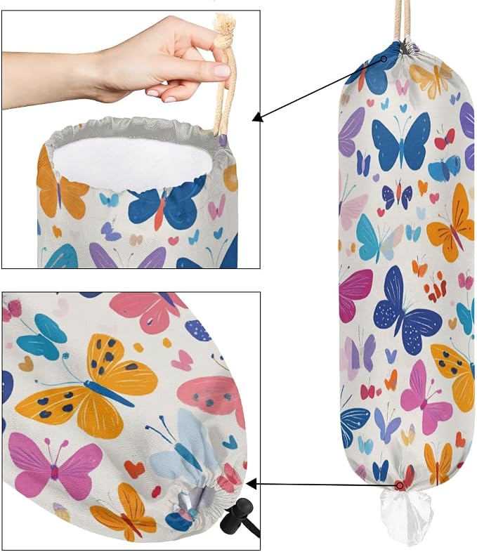 Colorful Butterfly Plastic Bag Holder Spring Butterflies Grocery Bag Storage Dispenser Washable Hanging Shopping Bags Carrier Reusable Wall Mount Trash Bag Organizer for Kitchen Pantry