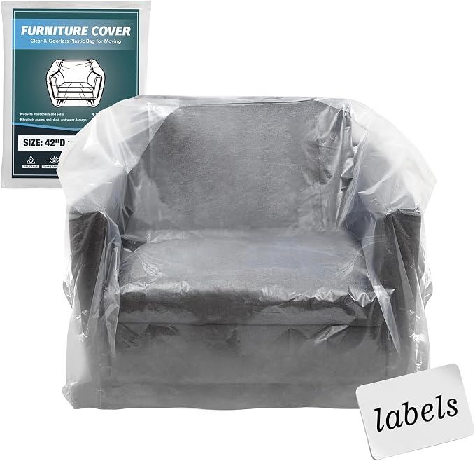 Clear Plastic Moving Chair Furniture Covers for Storage | Extra Large 65x 42 x 34 Inch, Waterproof and Dust Proof With Label For Storage and Moving