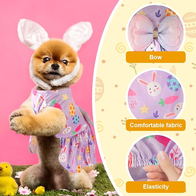 Easter Dog Costume Dress for Pets, Easter Bunny Pet Outfit Dogs Bow Clothes,Purple Puppy Skirt, Spring Dog Outfit,Size L (24.2-28.6 lbs)
