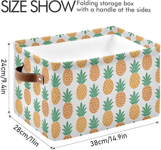 Fun Pineapple Storage Basket Bin, Large Cube Storage Box Canvas Collapsible Storage Organizer for Home Office Closet - 15 L x 11 W x 9.5 H