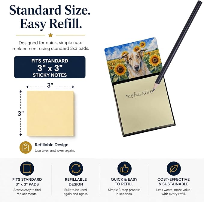 Caroline's Treasures Borzoi in Sunflowers Watercolor Sticky Note Holder Refillable Dispenser Desk Accessory 3x3 Pad Gift