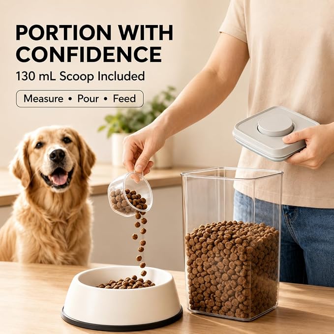 4.2 Qt Airtight Dog Food Storage Container with Scoop, Pop Lid | Includes a 130 ml scoop; clear, stackable BPA-free canister with one-touch pop lid for dry dog kibble, cat food and treats.