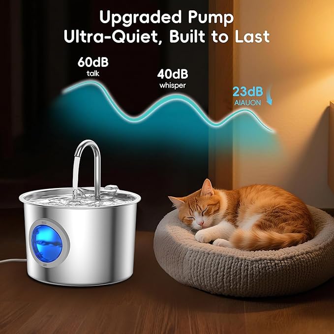 2.2L Stainless Steel Cat Fountain Ultra-Quiet (Under 25dB) & LED Water Level Window, 3-Stage Filtered Flowing Water for Cats, Easy-Clean, Perfect for Indoor Cats, Silver(74oz Cat Fountain + 6 Filters)