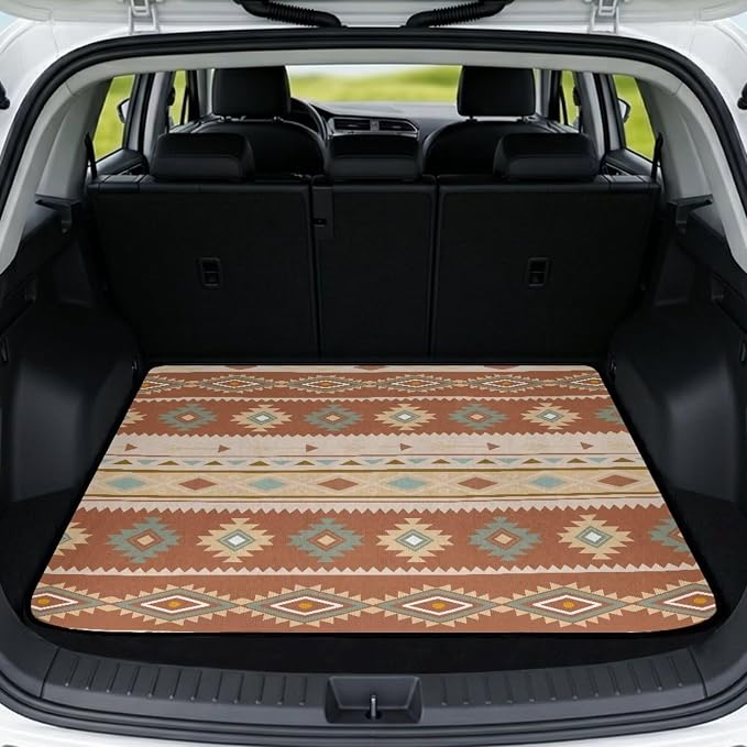 Howilath All Weather Car Trunk Liner Non-Slip Western Aztec Geometric Rear Trunk Protection Polyester Carpet Liner Premium Polyester for SUV Truck Sedan