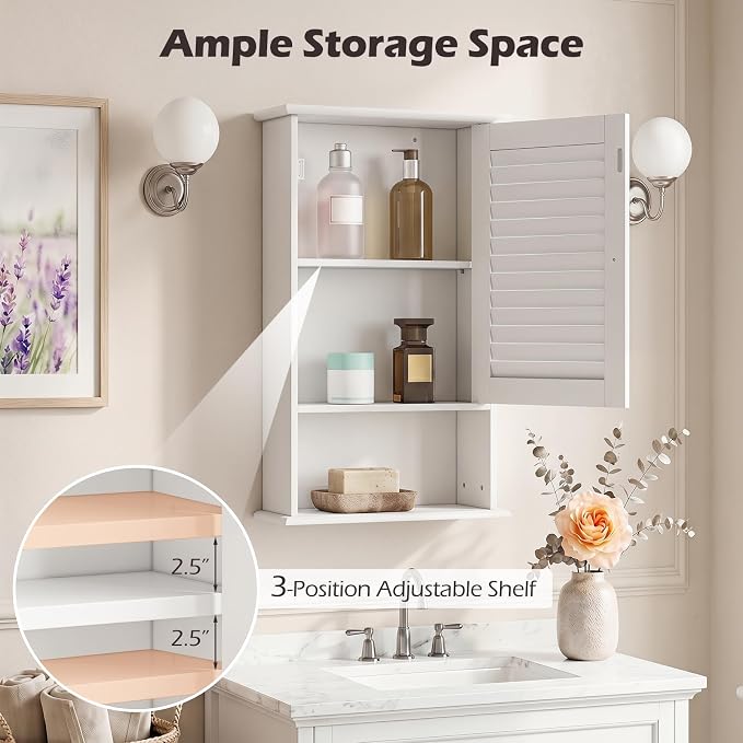 Tangkula Medicine Cabinet, Wall Mounted Bathroom Cabinet Single Door Wooden Bathroom Wall Cabinet with Adjustable Shelf
