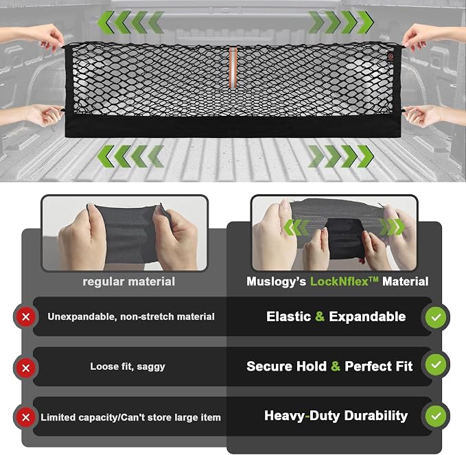 Muslogy Cargo Net for 2015+ Ford F150 & 2017+ F250/F350/F450 (Tie Down) | Custom Fit, Truck Bed Storage Organizer Net for Pickup Truck Bed Divider, Heavy Duty Carabiners, Night Visible Grab Handle