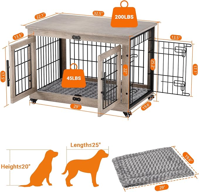 YaFiti Dog Crate Furniture, 32.5” Wooden Indoor Dog Kennel, 2 Pack, Grey | Cushion, Wheels, Double Doors, Furniture Style, Side End Table, Decorative Pet Cage House, Up to 45 lb, for Small/Medium Dogs