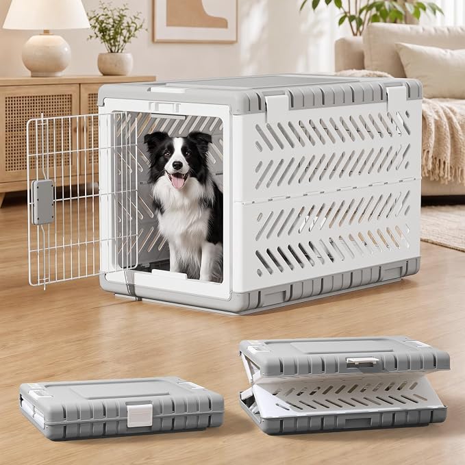 36" L Travel Dog Crate -Collapsible Dog Crate for Large/Medium Dogs, No Tools Required with Space Saving Design,Portable Foldable Dog Carrier with 2 Smooth Wheels,Handles for Easy Moving,Grey