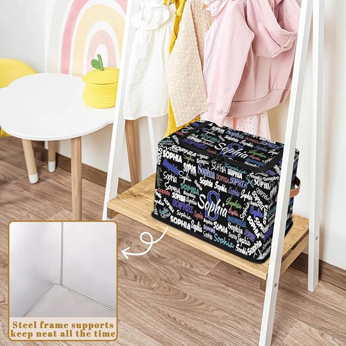 Personalized Kids Toy Box with Name, Custom Nursery Baskets Cubes Box with Zipper Lid, Kids Boys Custom Storage Basket Laundry Baskets Organizer with Handles, Solid Black