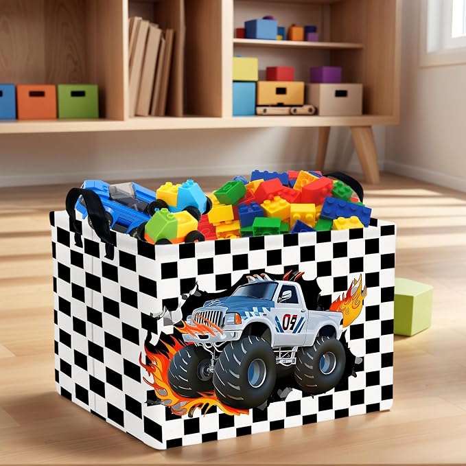 Racing Car Storage Basket Monster Truck Toy Book Shelf Basket Kid Room Decor Gift (Black and White Checkered)
