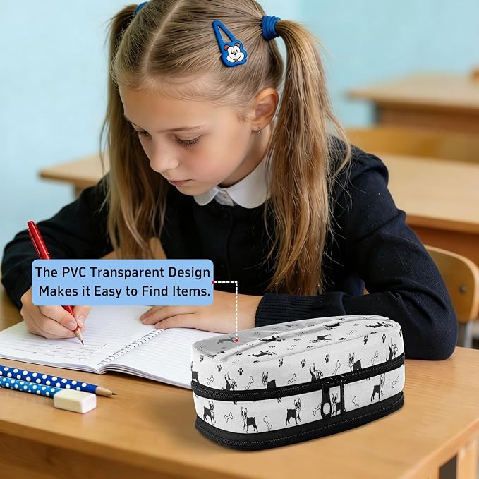 Pets Dogs White pattern Large Capacity Pencil Case with Zipper Water Resistant Portable Organizer Pen Bag for Students School Office