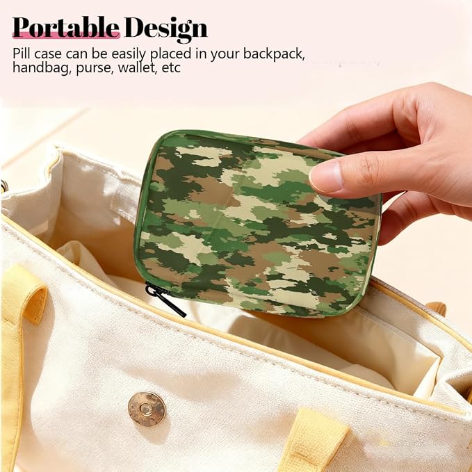 Weekly Pill Organizer Travel Size Bag with Removable 7 Day Pill Box Portable Vitamin Case Purse with Zipper,Textured Camouflage