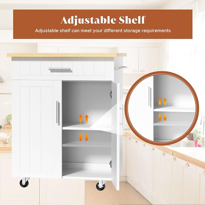 JY QAQA 26" Rolling Kitchen Island Cart on Wheels, Mobile Storage Cabinet with Drawer & Inner Shelves, Kitchen Prep Cart with Towel Rack, Portable Kitchen Island for Dining Room Apartment, White
