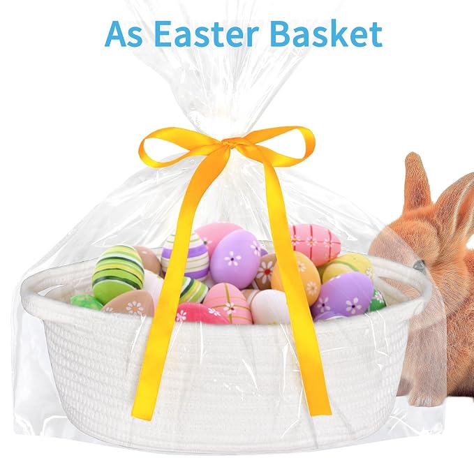 ABenkle Small Basket Empty Gift Basket, Decorative Boho Rope Woven Nursery Storage Organizer Dog Toy Baskets for Baby Showers Christmas Easter with Gift Bags and Ribbons, 12"X 8" X 5", White