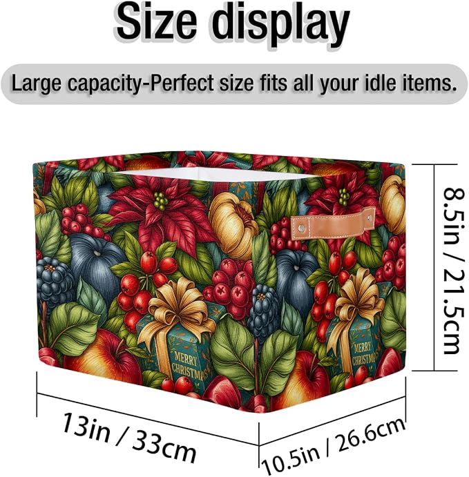 Christmas Basket Storage Bins Rectangle Canvas Basket Cube Storage Box | Nursery Foldable Basket with Handle for Kids Girls Boys Toys Living Room Closet Organizer Shelf Gifts Flower Poinsettia
